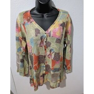 DoubleU Cardigan Sweater Size M Snap Front Sheer Knit Abstract Floral Artsy Boho